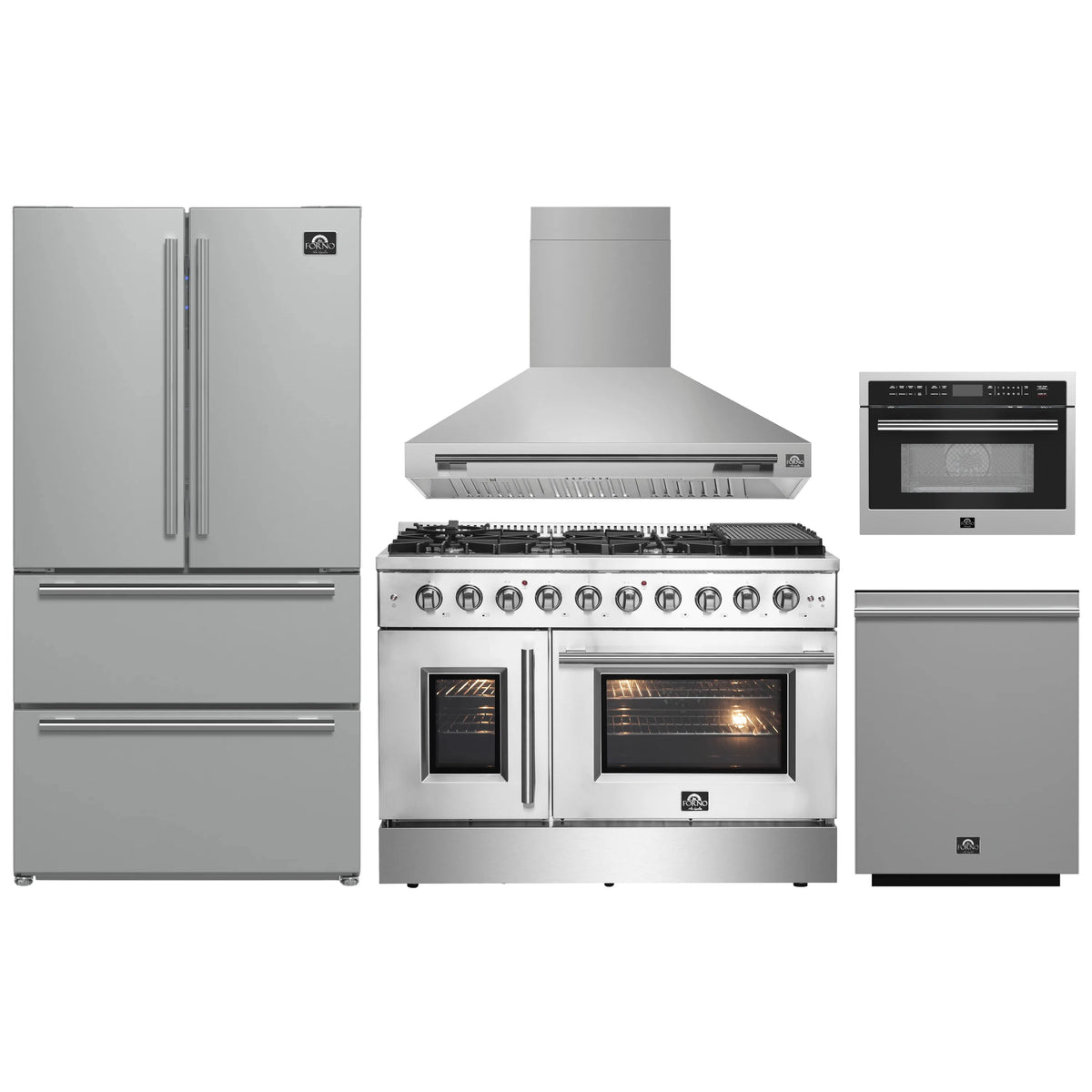Forno 5-Piece Appliance Package - 48-inch Gas Range, Hood, Refrigerator, Dishwasher and 24-Inch Microwave Oven in Stainless Steel