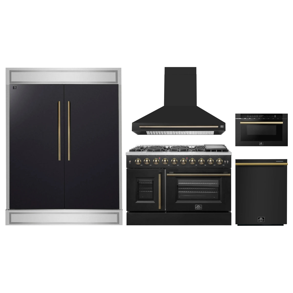 Forno 5-Piece Appliance Package - 48-inch Gas Range, Hood, Refrigerator, Dishwasher and 24-Inch Microwave Drawer in Black with Antique Brass Trim