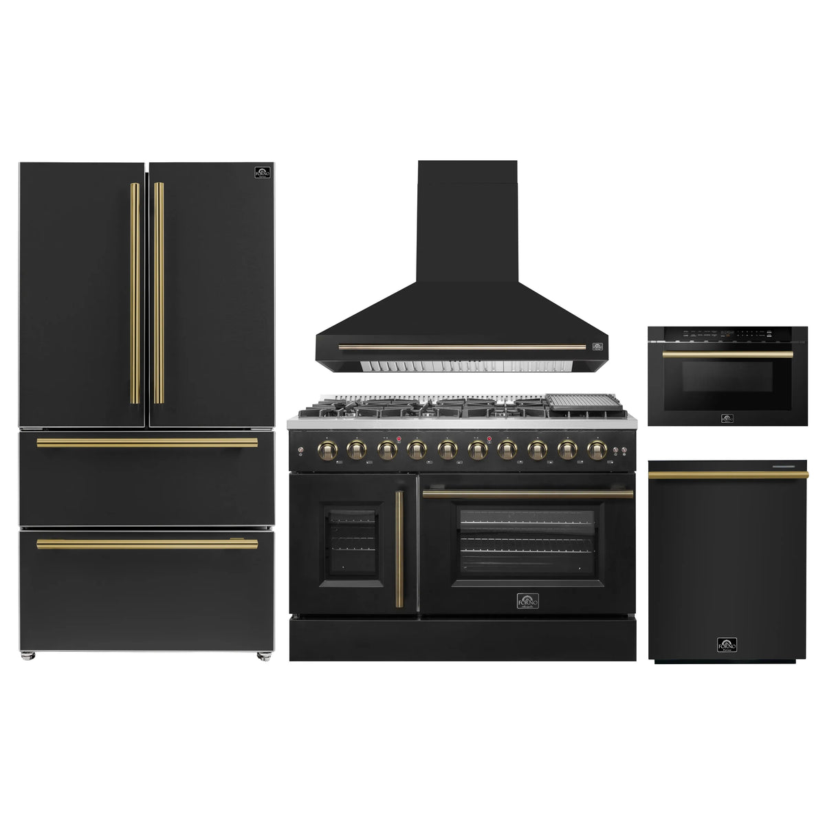 Forno 5-Piece Appliance Package - 48-inch Gas Range, Hood, Refrigerator, Dishwasher and 24-Inch Microwave Drawer in Black with Antique Brass Trim