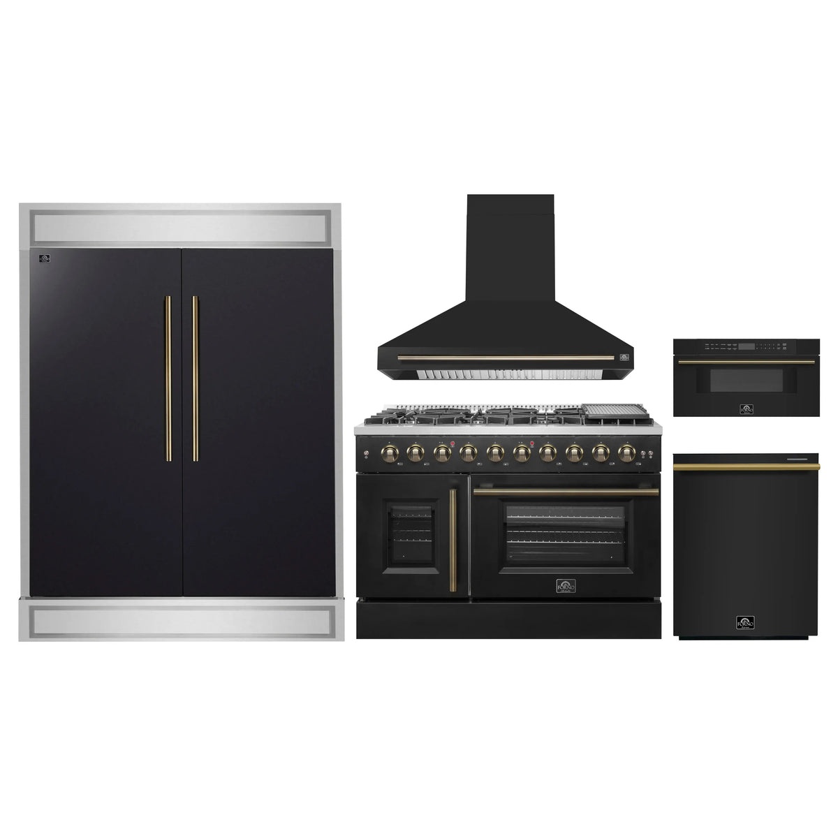 Forno 5-Piece Appliance Package - 48-inch Gas Range, Hood, Refrigerator, Dishwasher and 30-Inch Microwave Drawer in Black with Antique Brass Trim