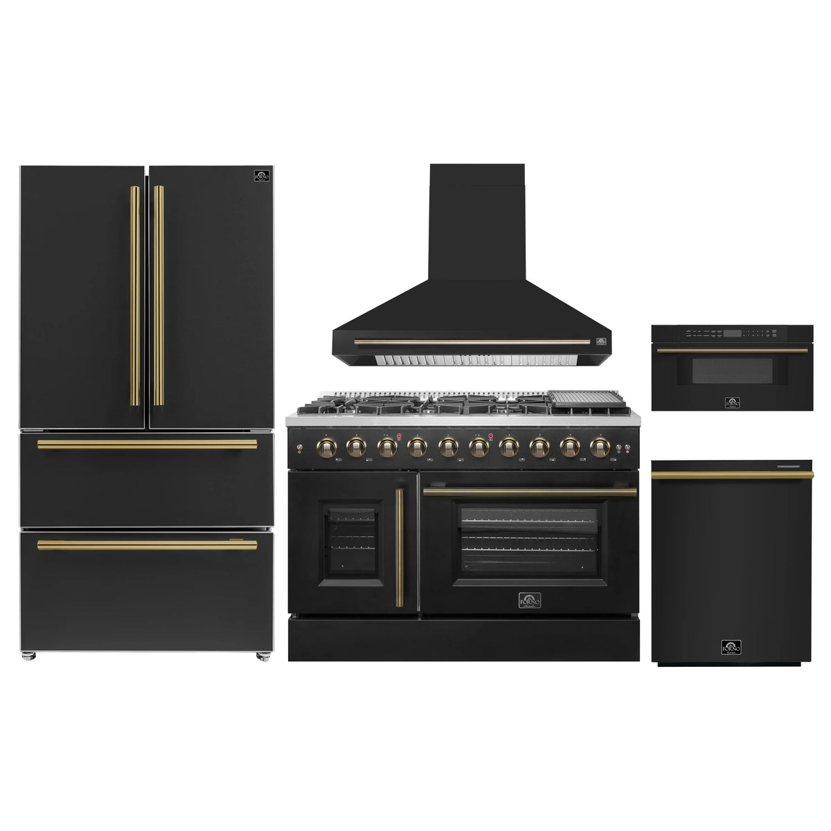 Forno 5-Piece Appliance Package - 48-inch Gas Range, Hood, Refrigerator, Dishwasher and 30-Inch Microwave Drawer in Black with Antique Brass Trim