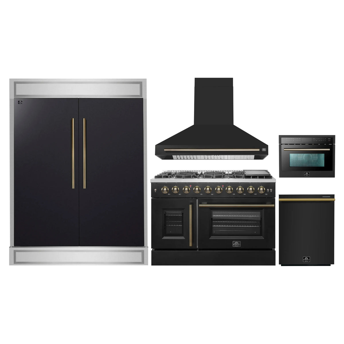 Forno 5-Piece Appliance Package - 48-inch Gas Range, Hood, Refrigerator, Dishwasher and 24-Inch Microwave Oven in Black with Antique Brass Trim
