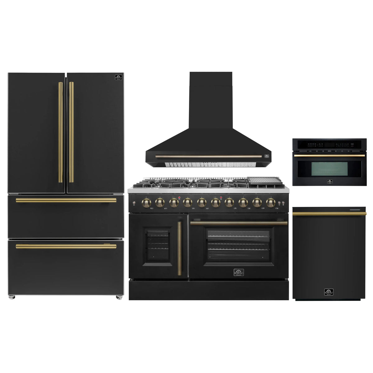 Forno 5-Piece Appliance Package - 48-inch Gas Range, Hood, Refrigerator, Dishwasher and 30-Inch Microwave Oven in Black with Antique Brass Trim