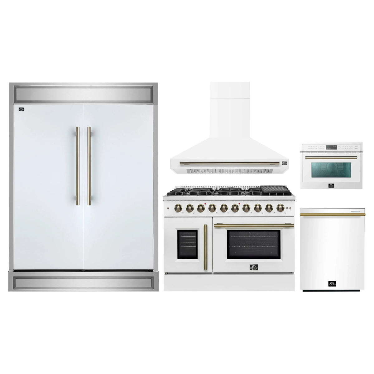 Forno 5-Piece Appliance Package - 48-inch Gas Range, Hood, Refrigerator, Dishwasher and 24-Inch Microwave Oven in White with Antique Brass Trim