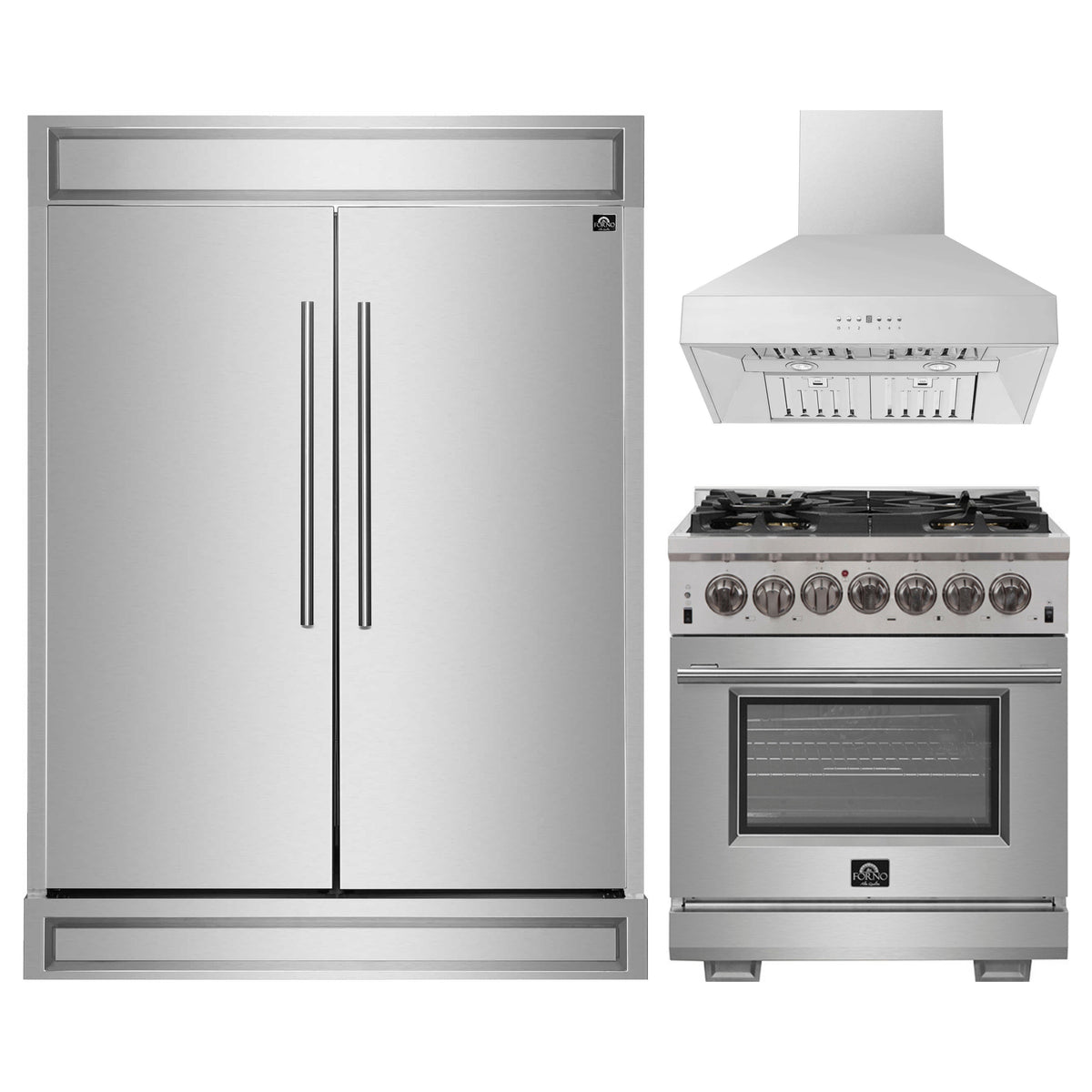 Forno 3-Piece Pro Appliance Package - 30-Inch Dual Fuel Range, 60-Inch Pro-Style Refrigerator & Wall Mount Hood in Stainless Steel
