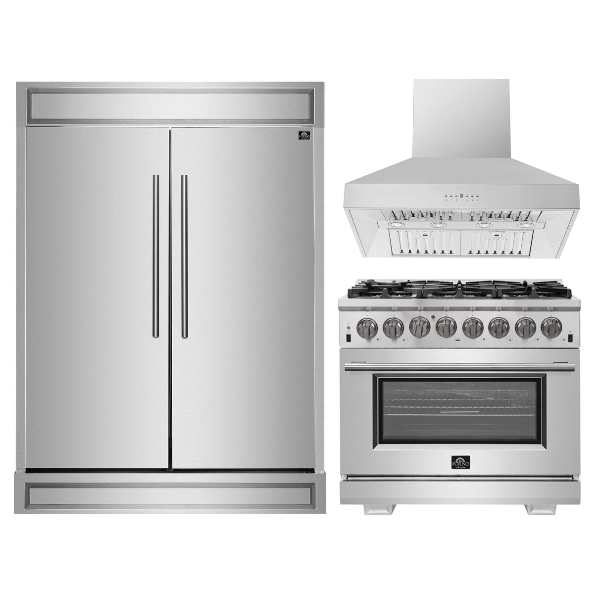 Forno 3-Piece Pro Appliance Package - 36-Inch Dual Fuel Range, 60-Inch Pro-Style Refrigerator & Wall Mount Hood in Stainless Steel