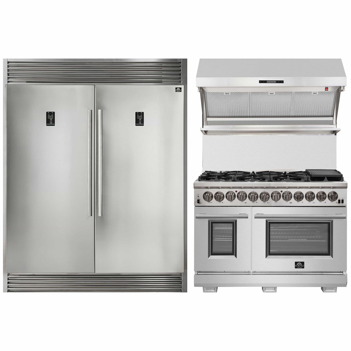 Forno 3-Piece Appliance Package: 48-Inch Dual Fuel Range, Wall-Mount Backsplash Hood, 60-Inch Pro-Style Refrigerator, Stainless Steel