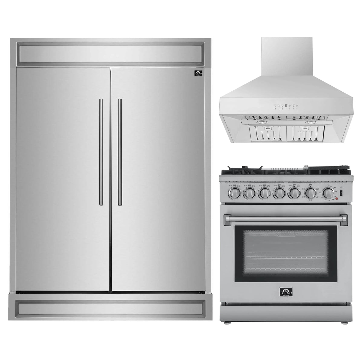 Forno 3-Piece Appliance Package - 30-Inch Dual Fuel Range with Air Fryer, 60-Inch Pro-Style Refrigerator & Wall Mount Hood in Stainless Steel