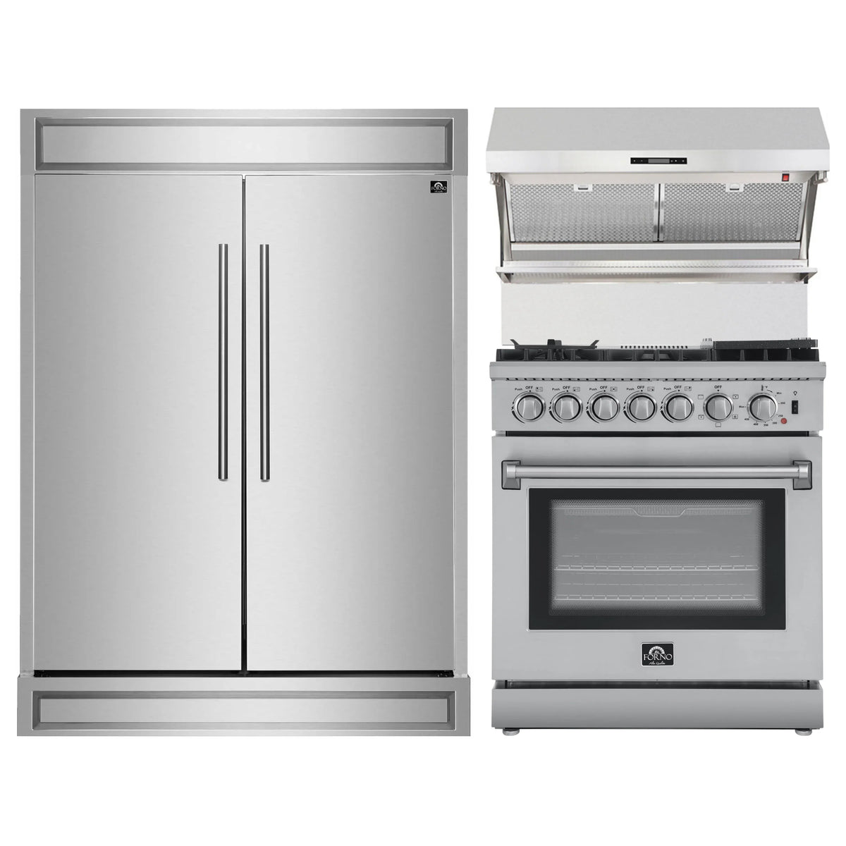 Forno 3-Piece Appliance Package - 30-Inch Dual Fuel Range with Air Fryer, 60-Inch Pro-Style Refrigerator & Wall Mount Hood with Backsplash in Stainless Steel