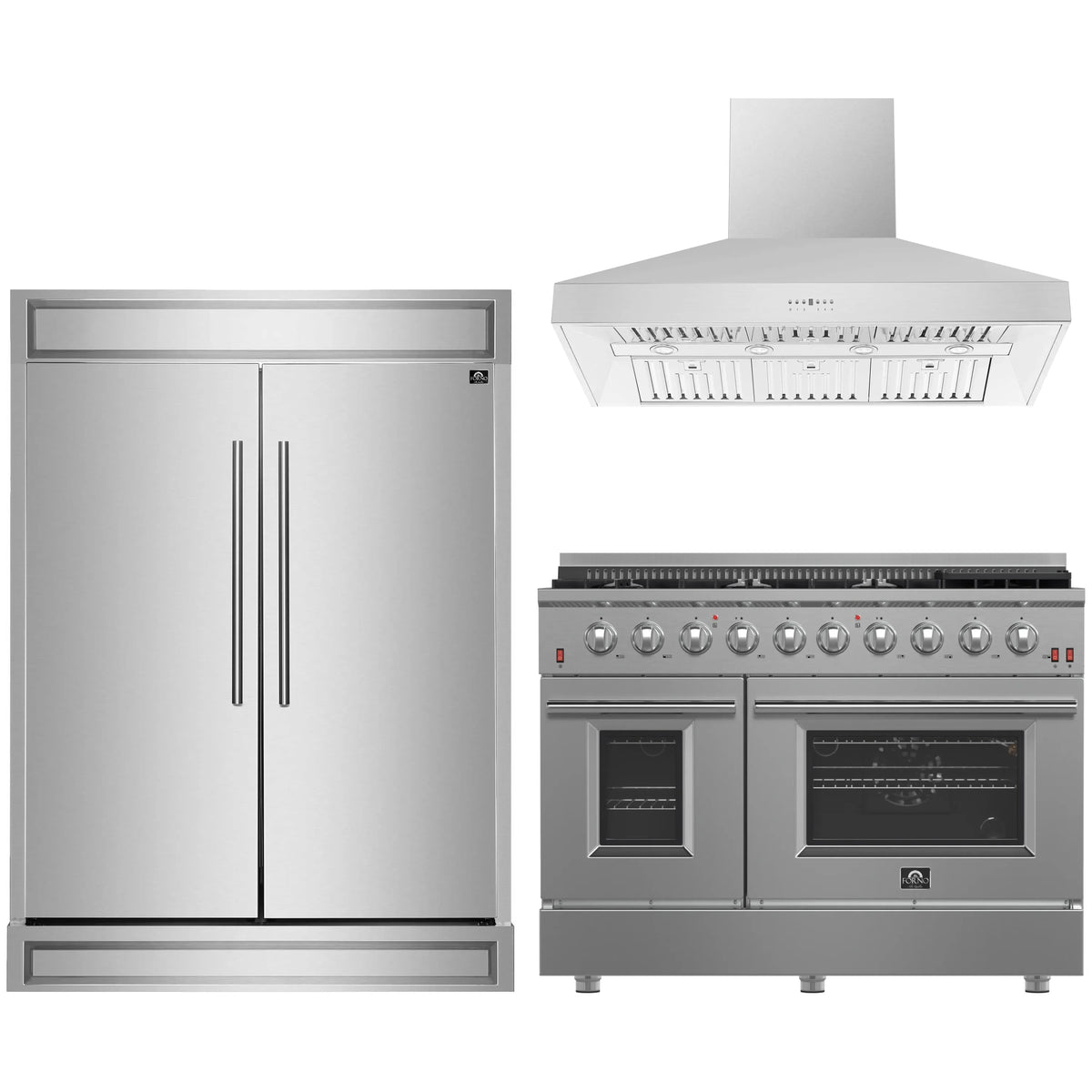 Forno 3-Piece Appliance Package - 48-Inch Gas Range, 60-Inch Pro-Style Refrigerator & Wall Mount Hood in Stainless Steel
