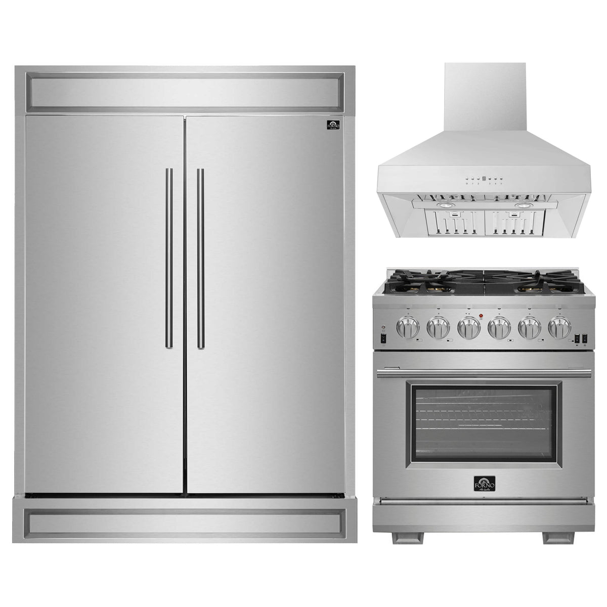 Forno 3-Piece Pro Appliance Package - 30-Inch Gas Range, 60-Inch Pro-Style Refrigerator & Wall Mount Hood in Stainless Steel