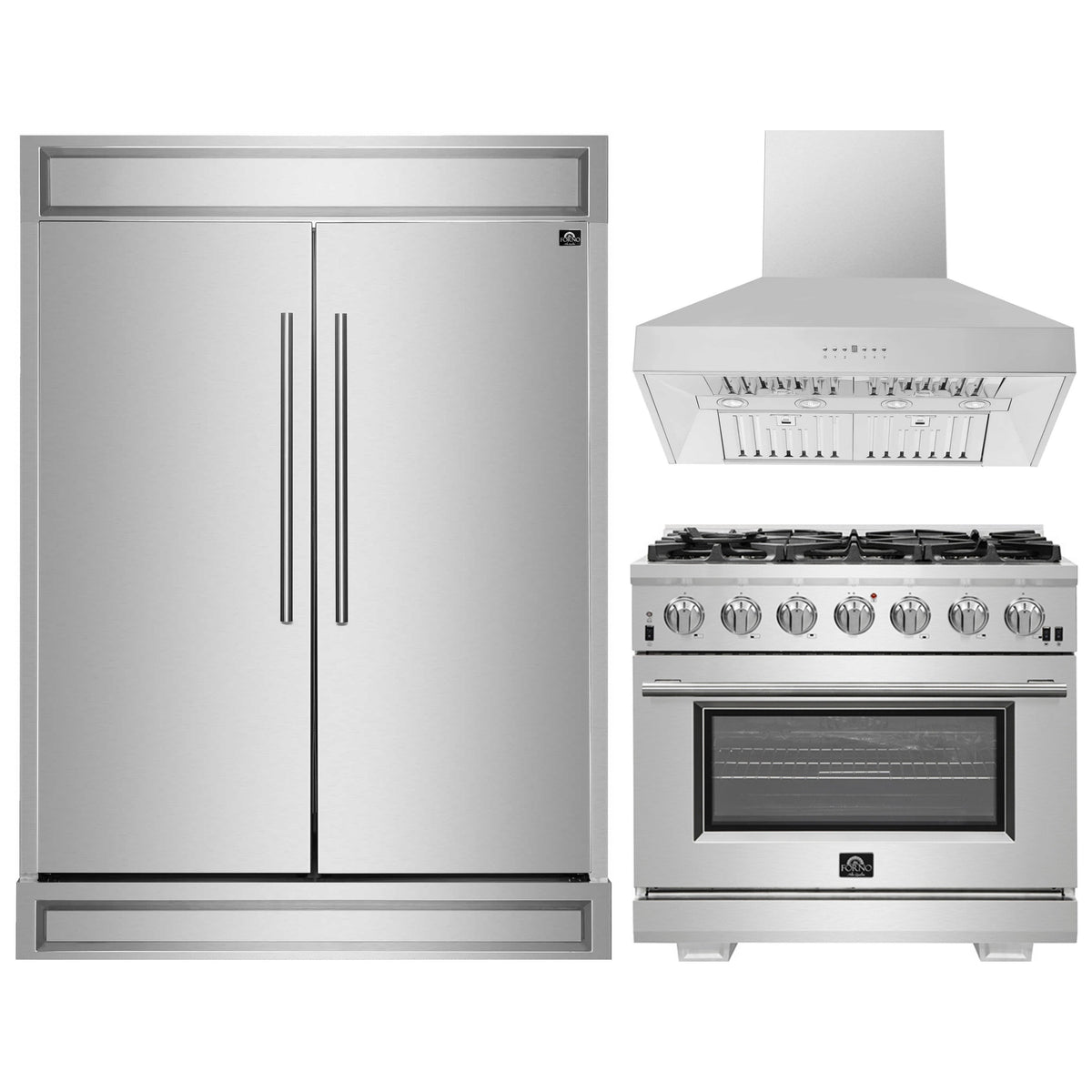 Forno 3-Piece Pro Appliance Package -36-Inch Gas Range, 60-Inch Pro-Style Refrigerator & Wall Mount Hood in Stainless Steel