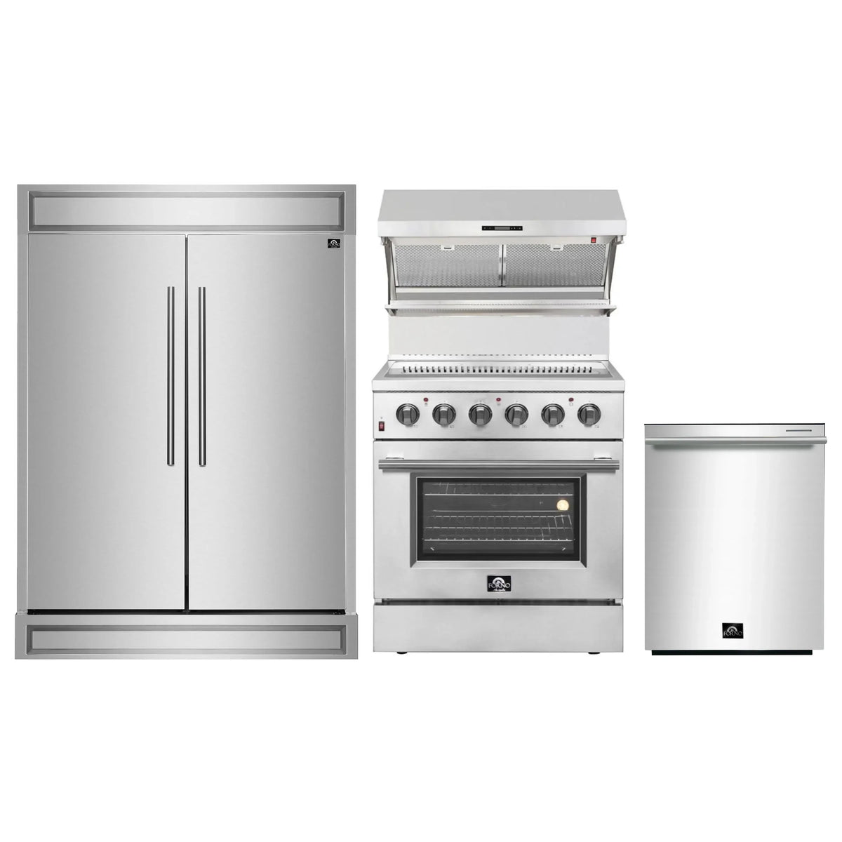 Forno 4-Piece Appliance Package - 30-Inch Electric Range, Wall Mount Range Hood with Backsplash, Pro-Style Refrigerator, and Dishwasher in Stainless Steel