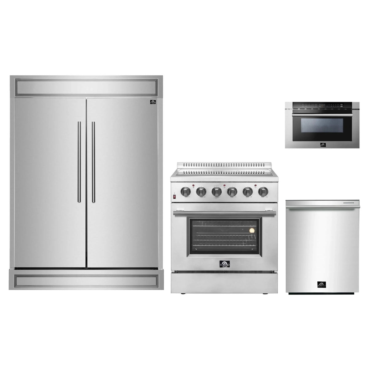 Forno 4-Piece Appliance Package - 30-Inch Electric Range, Pro-Style Refrigerator, Dishwasher, and 24-Inch Microwave Drawer in Stainless Steel