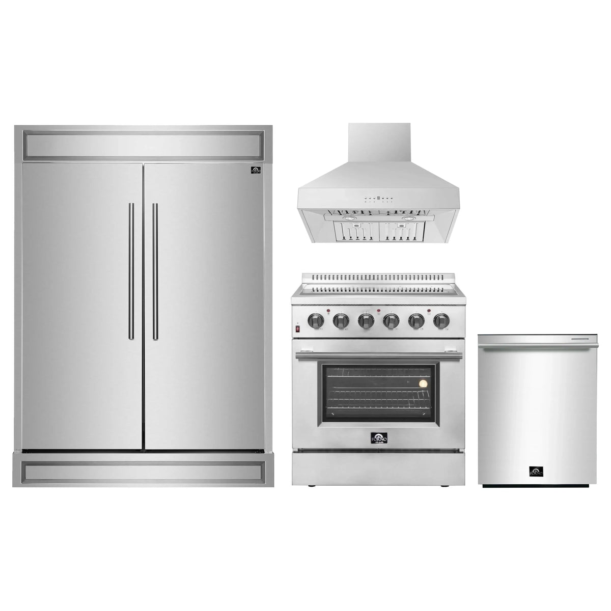 Forno 4-Piece Appliance Package - 30-Inch Electric Range, Wall Mount Range Hood, Pro-Style Refrigerator, and Dishwasher in Stainless Steel