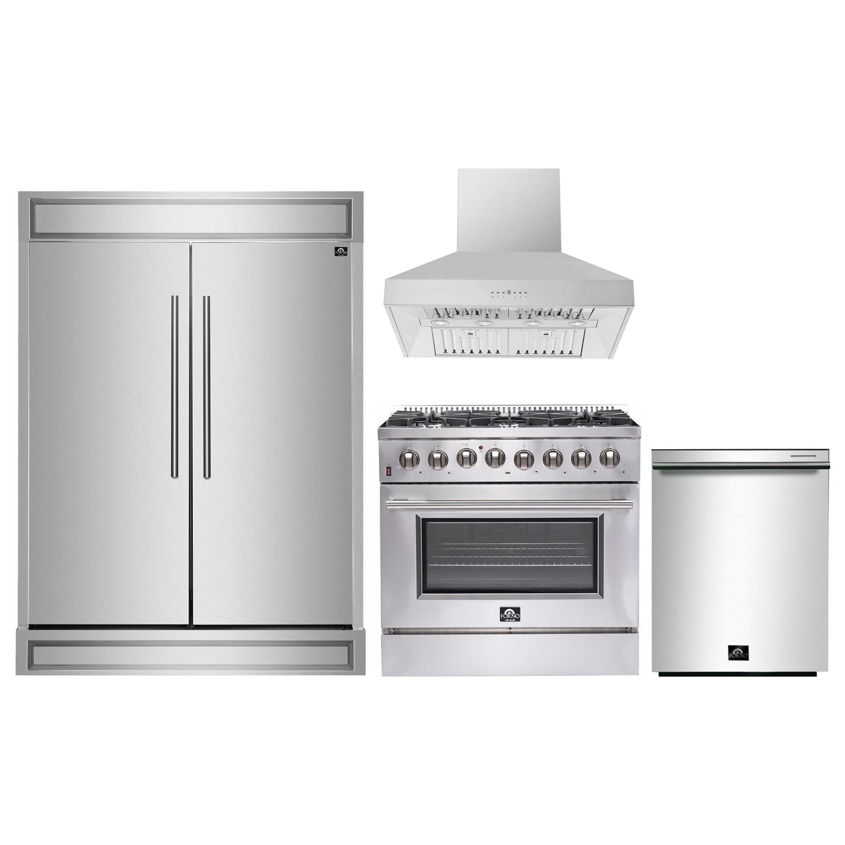 Forno 4-Piece Appliance Package - 36-Inch Dual Fuel Range, 60-Inch Pro-Style Refrigerator, Wall Mount Hood, & 3-Rack Dishwasher in Stainless Steel