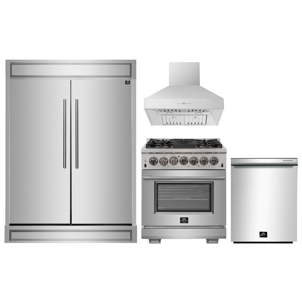Forno 4-Piece Pro Appliance Package - 30-Inch Dual Fuel Range, 60-Inch Pro-Style Refrigerator, Wall Mount Hood, & 3-Rack Dishwasher in Stainless Steel