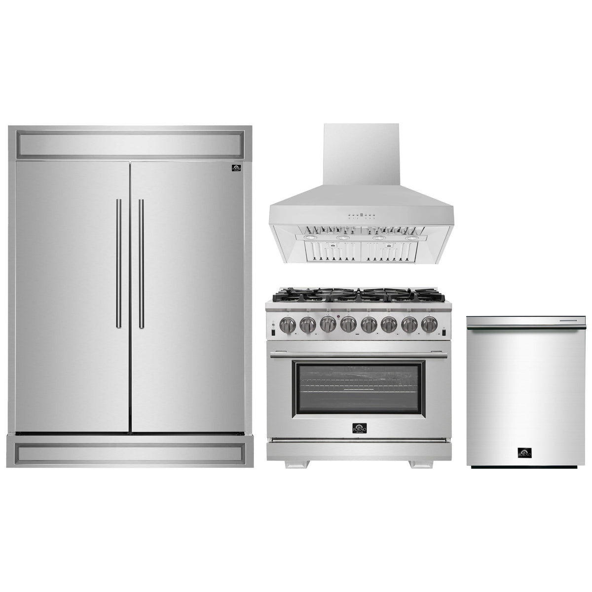 Forno 4-Piece Pro Appliance Package - 36-Inch Dual Fuel Range, 60-Inch Pro-Style Refrigerator, Wall Mount Hood, & 3-Rack Dishwasher in Stainless Steel