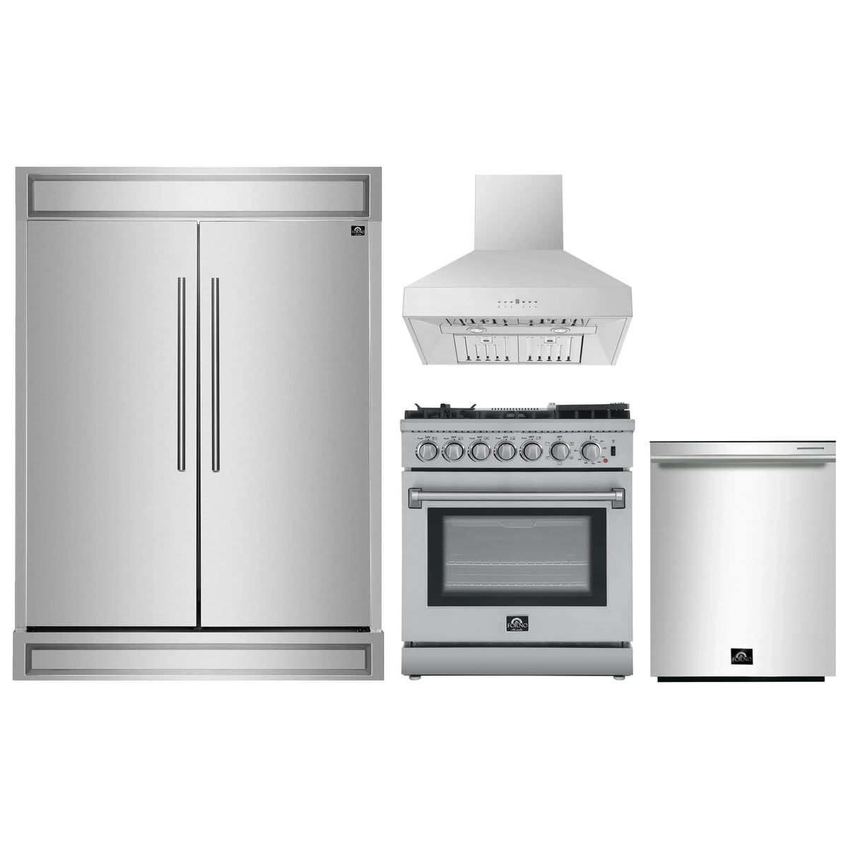 Forno 4-Piece Appliance Package - 30-Inch Dual Fuel Range with Air Fryer, 60-Inch Pro-Style Refrigerator, Wall Mount Hood, & 3-Rack Dishwasher in Stainless Steel