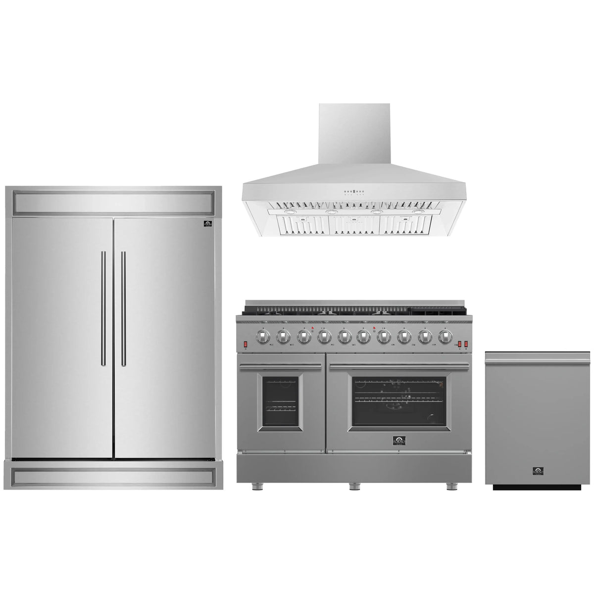 Forno 4-Piece Appliance Package - 48-Inch Gas Range, 60-Inch Pro-Style Refrigerator, Wall Mount Hood, & 3-Rack Dishwasher in Stainless Steel
