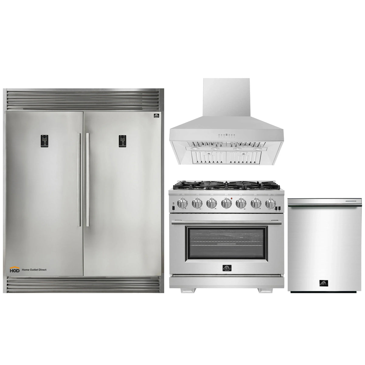 Forno 4-Piece Pro Appliance Package - 36-Inch Gas Range, 60-Inch Pro-Style Refrigerator, Wall Mount Hood, & 3-Rack Dishwasher in Stainless Steel