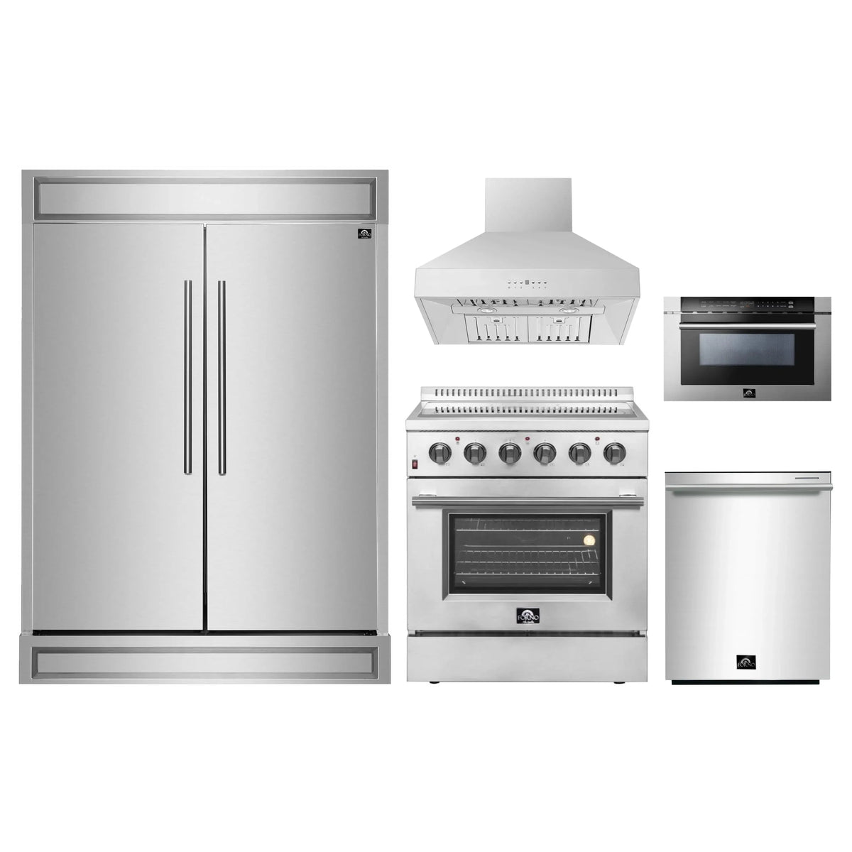 Forno 5-Piece Appliance Package - 30-Inch Electric Range, Wall Mount Range Hood, Pro-Style Refrigerator, Dishwasher, and 24-Inch Microwave Drawer in Stainless Steel