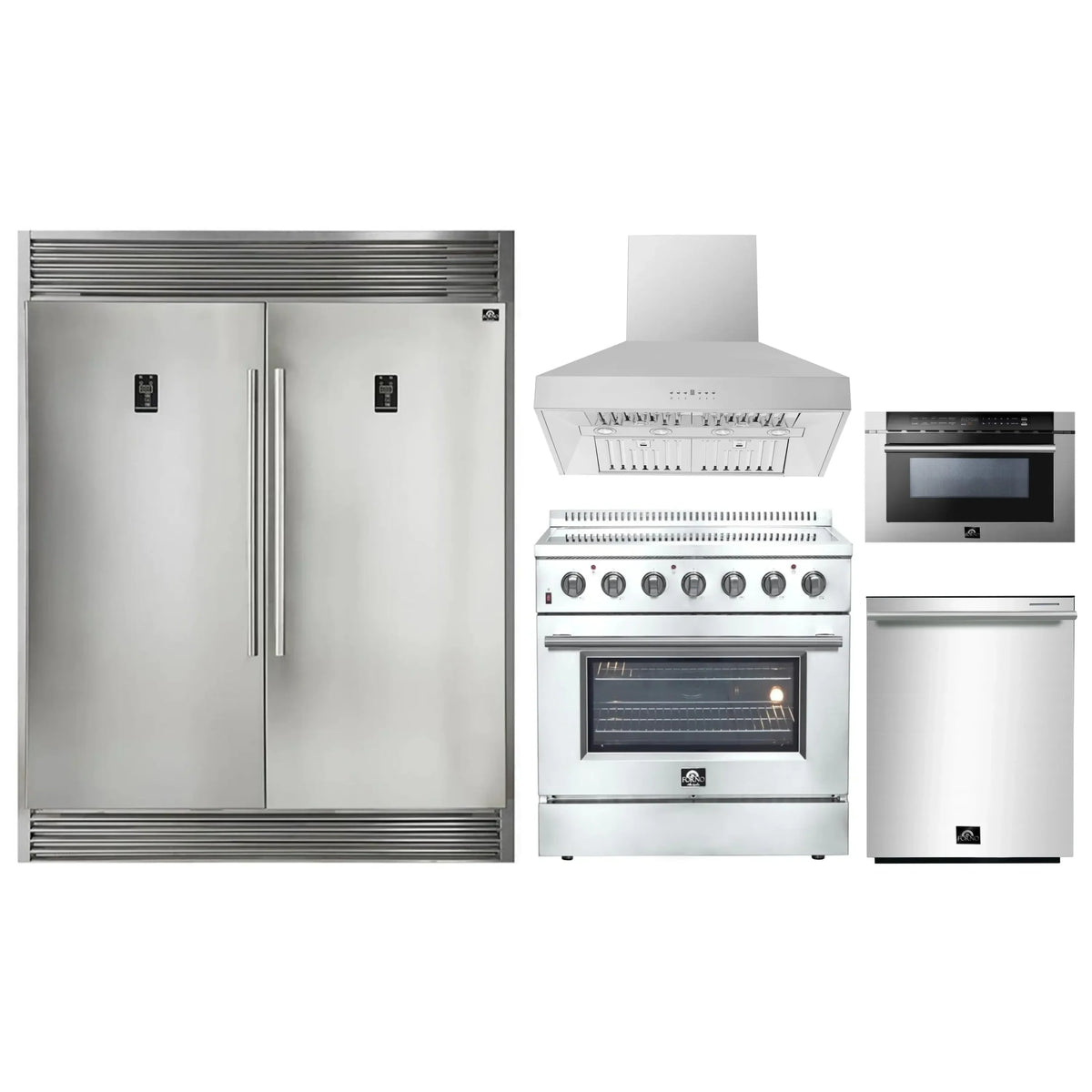 Forno 5-Piece Appliance Package - 36-Inch Electric Range, Wall Mount Range Hood, Pro-Style Refrigerator, Dishwasher, and 24-Inch Microwave Drawer in Stainless Steel