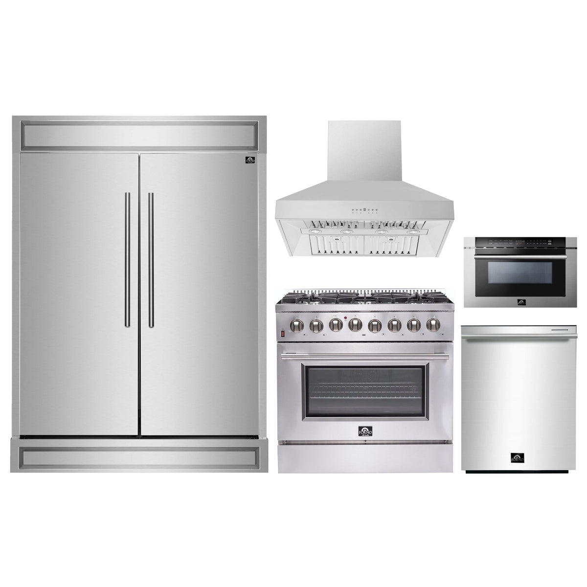 Forno 5-Piece Appliance Package - 36-Inch Dual Fuel Range, 60-Inch Pro-Style Refrigerator, Wall Mount Hood, 24-Inch Microwave Drawer, & 3-Rack Dishwasher in Stainless Steel