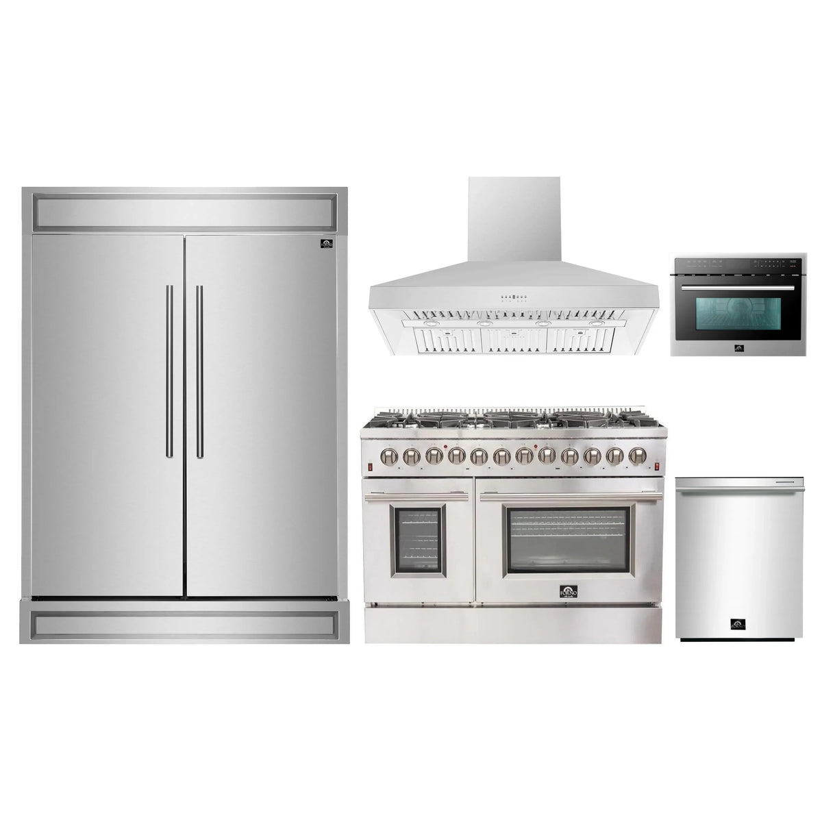 Forno 5-Piece Appliance Package - 48-Inch Dual Fuel Range, 60-Inch Pro-Style Refrigerator, Wall Mount Hood, 24-Inch Microwave Oven, & 3-Rack Dishwasher in Stainless Steel