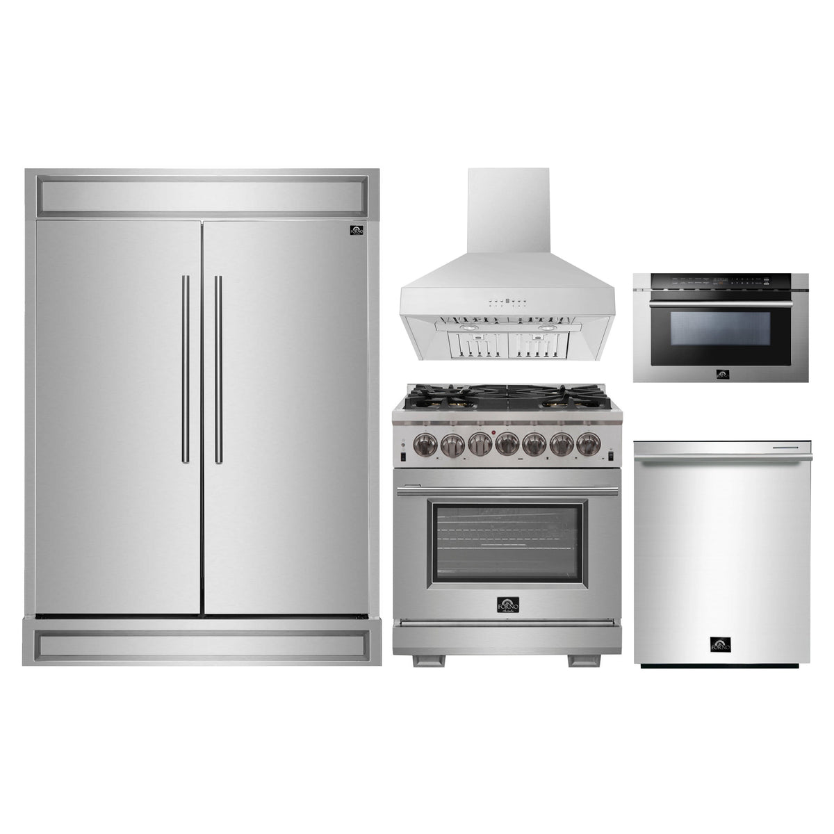 Forno 5-Piece Pro Appliance Package - 30-Inch Dual Fuel Range, 60-Inch Pro-Style Refrigerator, Wall Mount Hood, 24-Inch Microwave Drawer, & 3-Rack Dishwasher in Stainless Steel