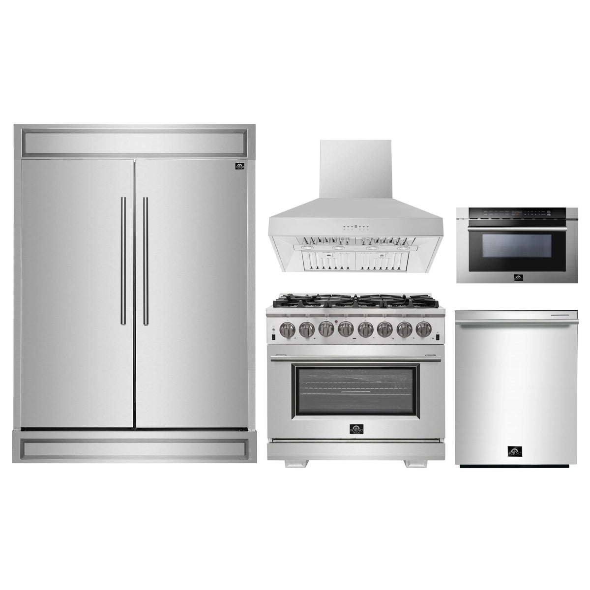 Forno 5-Piece Pro Appliance Package - 36-Inch Dual Fuel Range, 60-Inch Pro-Style Refrigerator, Wall Mount Hood, 24-Inch Microwave Drawer, & 3-Rack Dishwasher in Stainless Steel