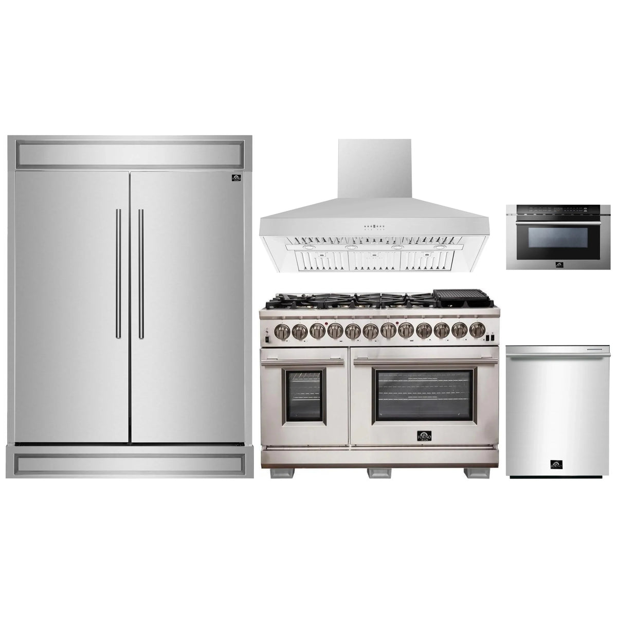 Forno 5-Piece Pro Appliance Package - 48-Inch Dual Fuel Range, 60-Inch Pro-Style Refrigerator, Wall Mount Hood, 24-Inch Microwave Drawer, & 3-Rack Dishwasher in Stainless Steel