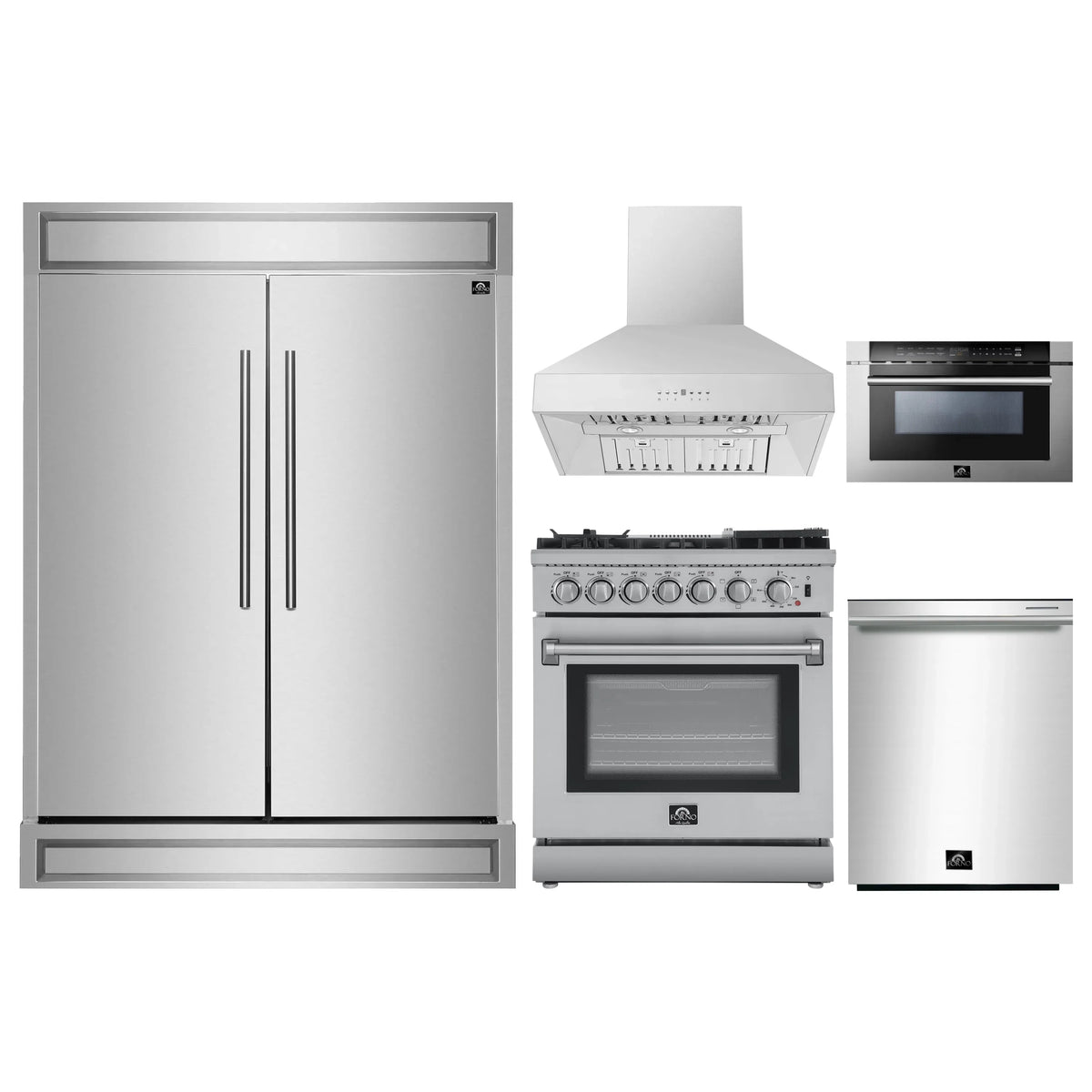 Forno 5-Piece Appliance Package - 30-Inch Dual Fuel Range with Air Fryer, 60-Inch Pro-Style Refrigerator, Wall Mount Hood, 24-Inch Microwave Drawer, & 3-Rack Dishwasher in Stainless Steel