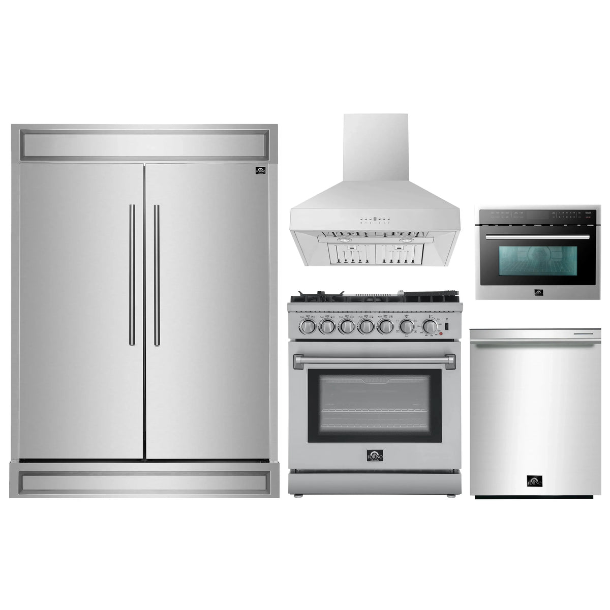 Forno 5-Piece Appliance Package - 30-Inch Dual Fuel Range with Air Fryer, 60-Inch Pro-Style Refrigerator, Wall Mount Hood, 24-Inch Microwave Oven, & 3-Rack Dishwasher in Stainless Steel