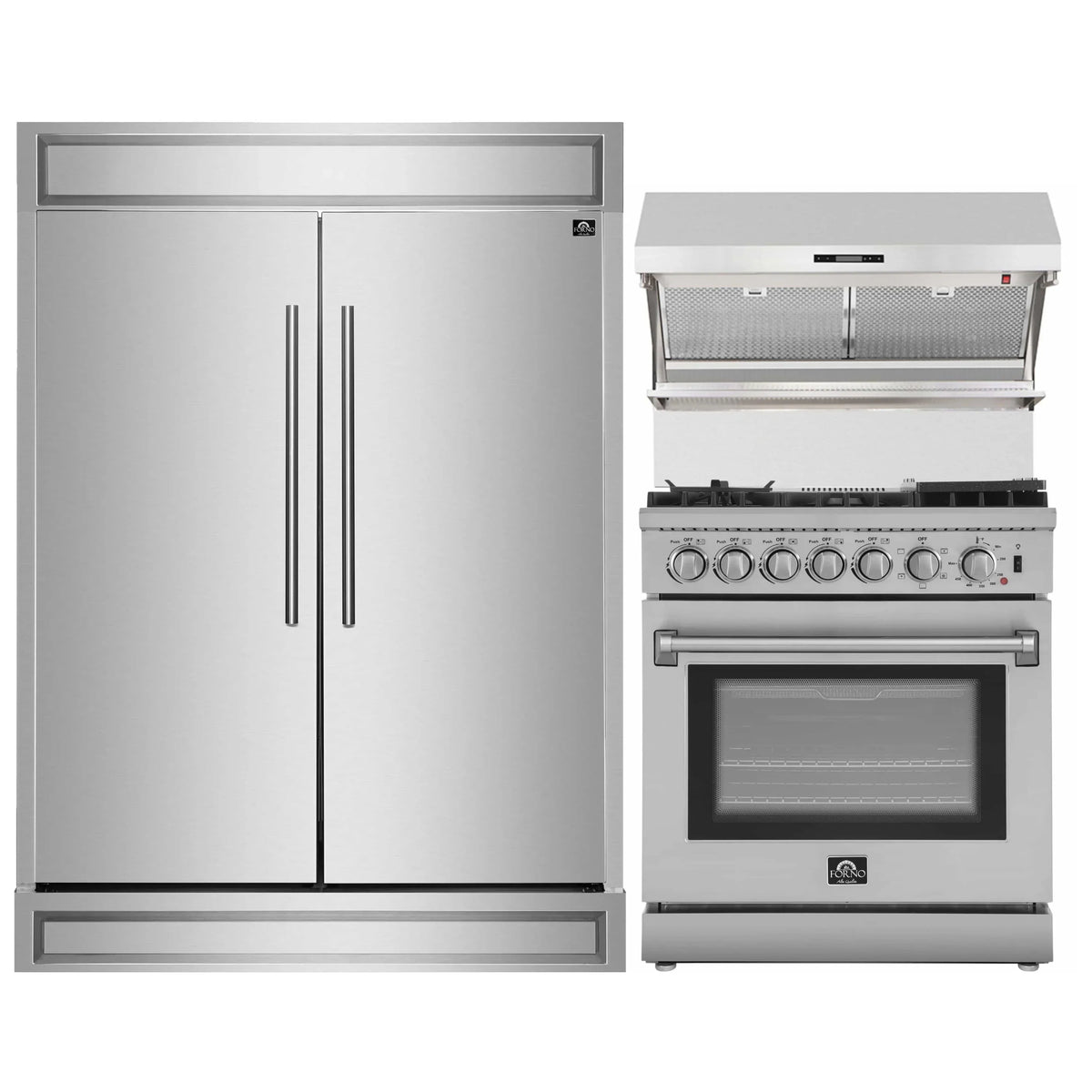 Forno 3-Piece Appliance Package - 30-Inch Dual Fuel Range with Air Fryer, 60-Inch Pro-Style Refrigerator & Wall Mount Hood with Backsplash in Stainless Steel