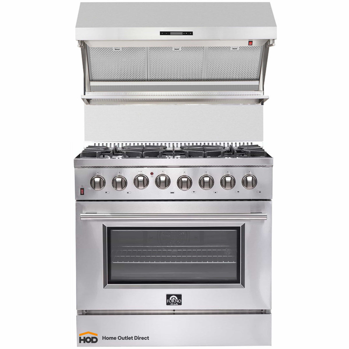 Forno 2-Piece Appliance Package: 36-Inch Dual Fuel Range, Wall-Mount Backsplash Hood, Stainless Steel