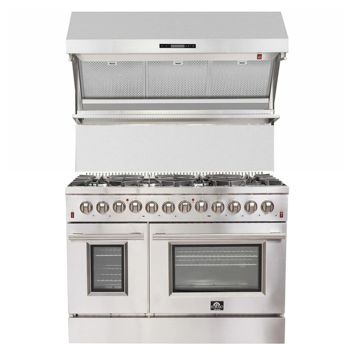 Forno 2-Piece Appliance Package - 48-Inch Dual Fuel Range & Wall Mount Hood with Backsplash in Stainless Steel