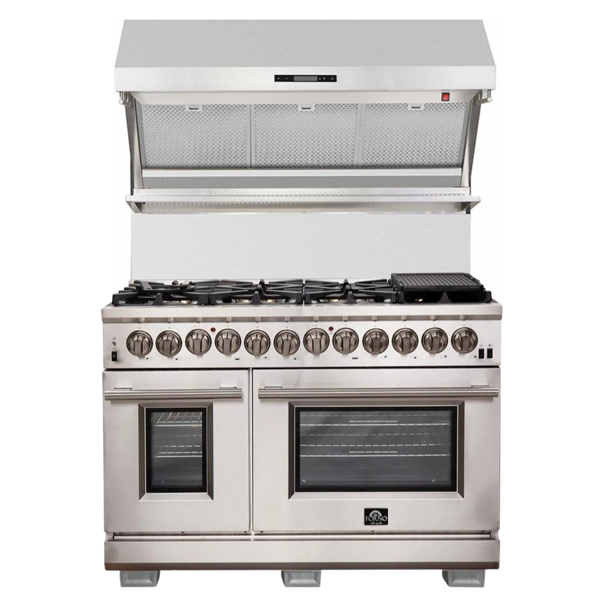 Forno 2-Piece Pro Appliance Package - 48-Inch Dual Fuel Range & Wall Mount Hood with Backsplash in Stainless Steel