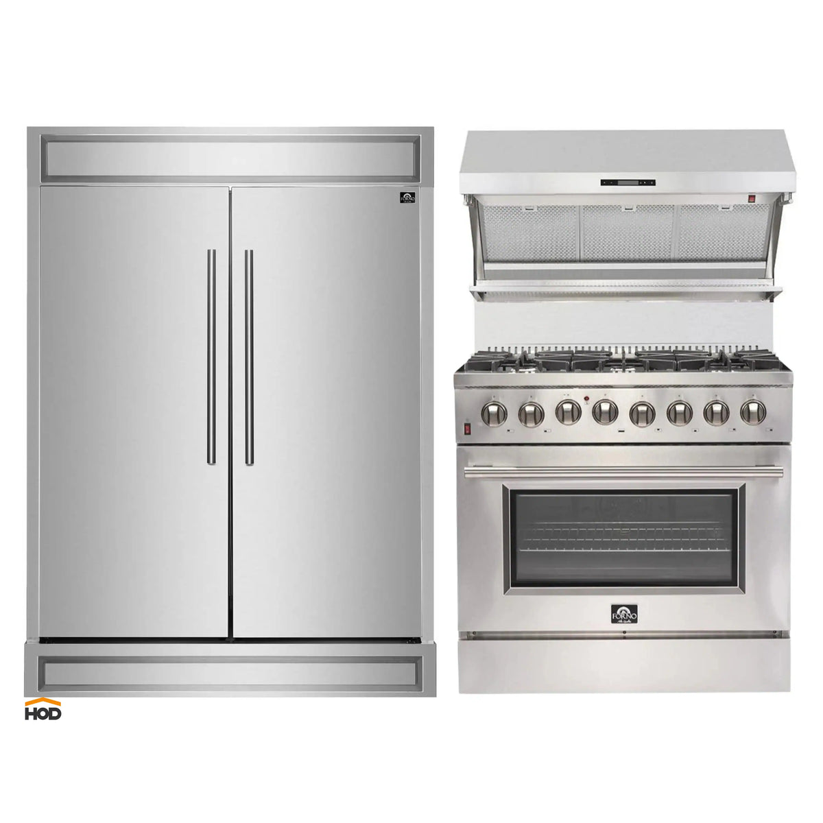 Forno 3-Piece Appliance Package - 36-Inch Dual Fuel Range, Refrigerator, & Wall Mount Hood with Backsplash in Stainless Steel