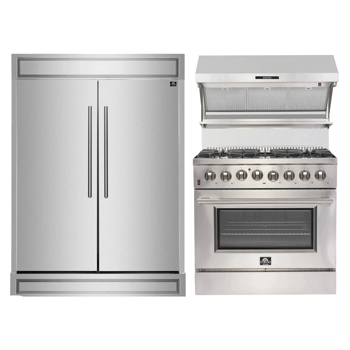 Forno 3-Piece Appliance Package: 36-Inch Dual Fuel Range, Wall-Mount Backsplash Hood, Maderno Refrigerator, Stainless Steel