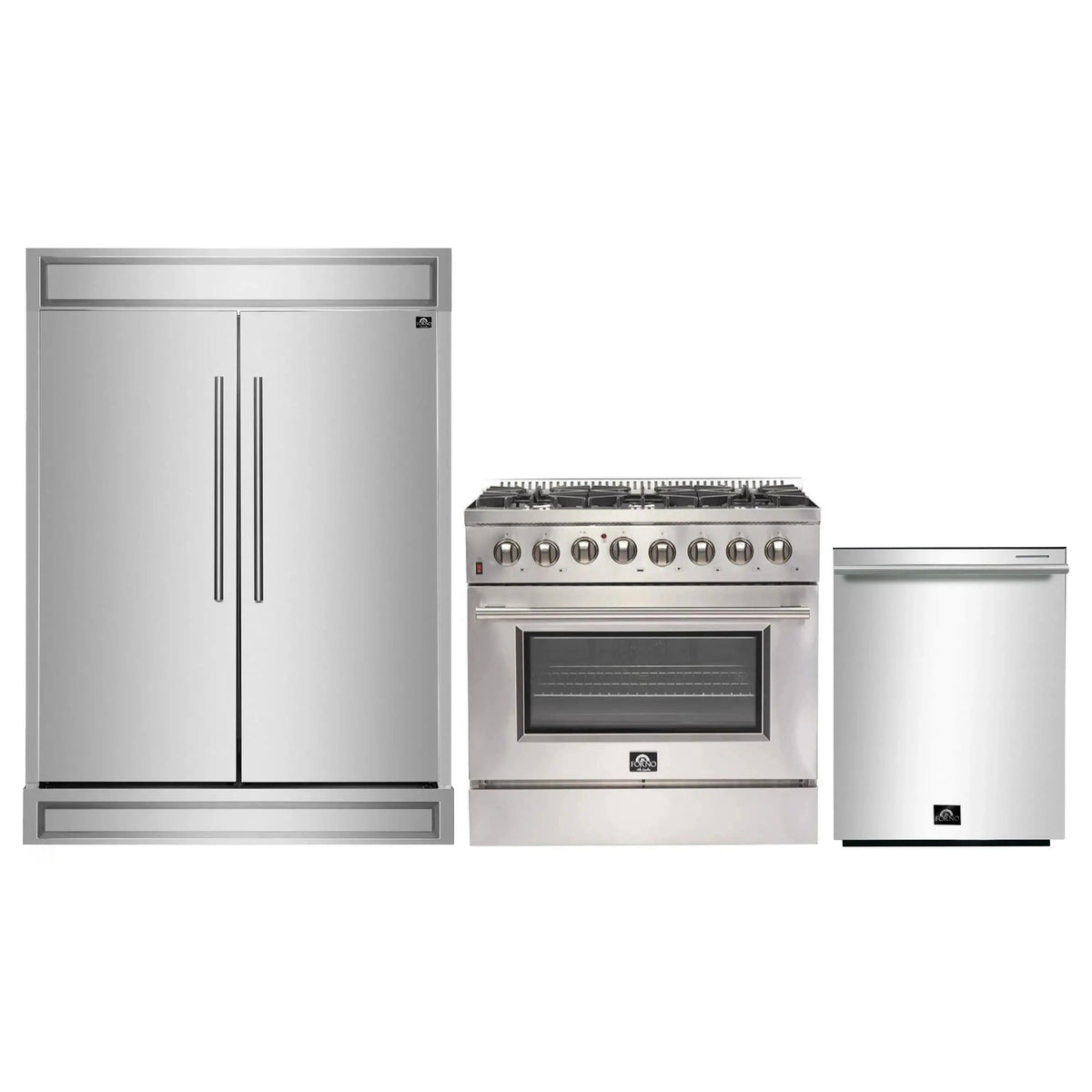 Forno 3-Piece Appliance Package: 36-Inch Dual Fuel Range, 60-Inch Refrigerator, Dishwasher, Stainless Steel