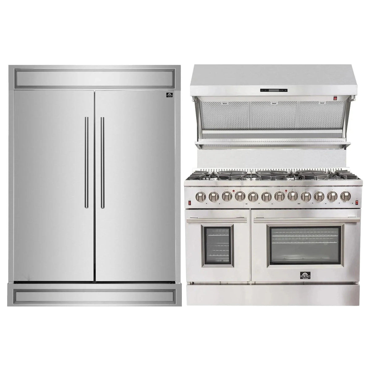 Forno 3-Piece Appliance Package: 48-Inch Dual Fuel Range, Wall-Mount Backsplash Hood, Refrigerator, Stainless Steel (FBDL-017-04CAUS)