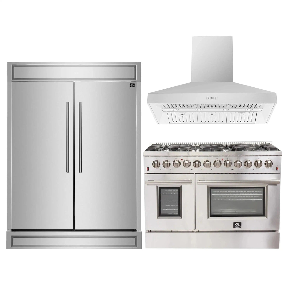 Forno 3-Piece Appliance Package: 48-Inch Dual Fuel Range, Wall-Mount Hood, Refrigerator, Stainless Steel