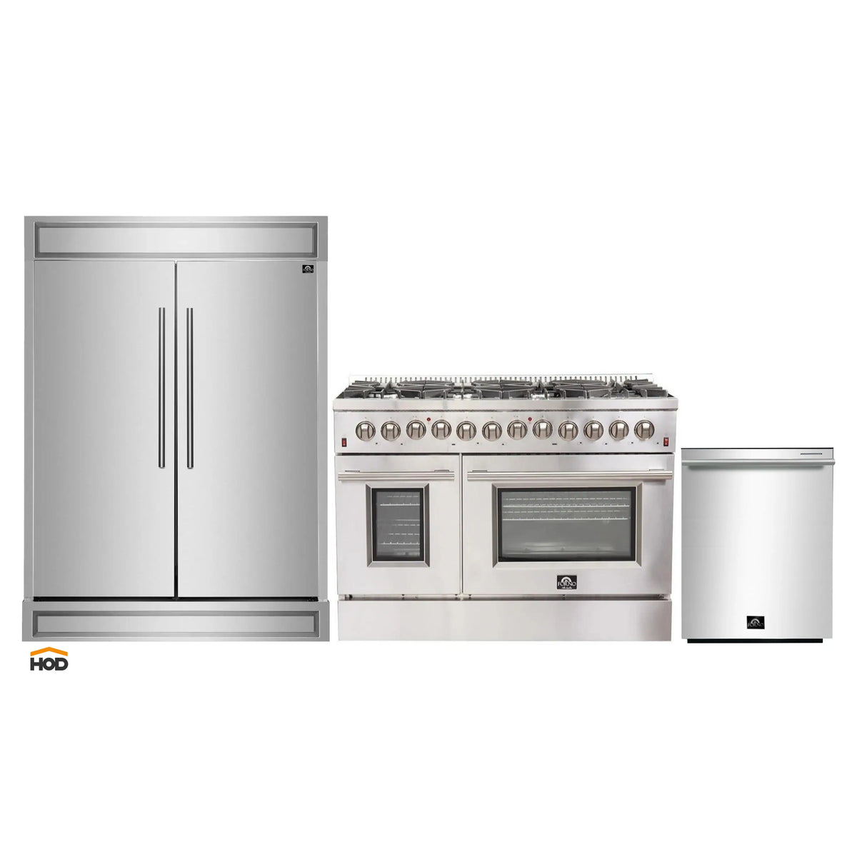 Forno 3-Piece Appliance Package - 48-Inch Dual Fuel Range, 60-Inch Refrigerator, and Dishwasher in Stainless Steel
