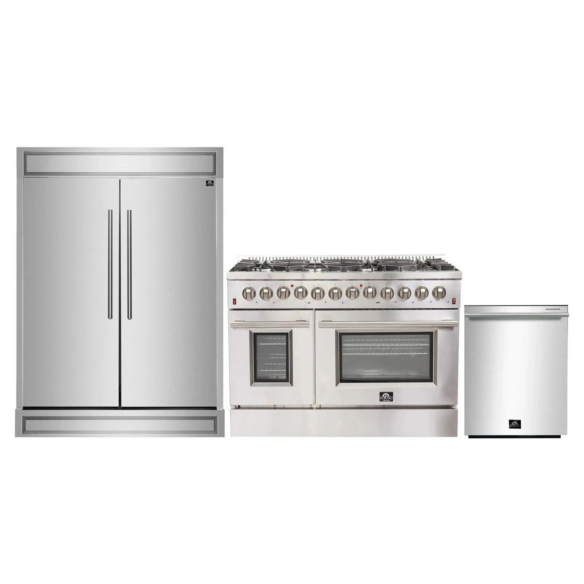 Forno 3-Piece Appliance Package: 48-Inch Dual Fuel Range, 60-Inch Refrigerator, Dishwasher, Stainless Steel