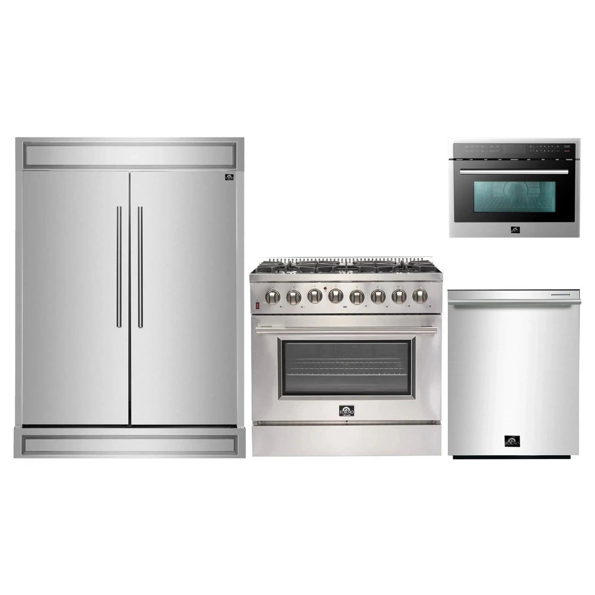 Forno 4-Piece Appliance Package: 36-Inch Dual Fuel Range, 24-Inch Microwave Oven, 60-Inch Refrigerator, 3-Rack Dishwasher, Stainless Steel