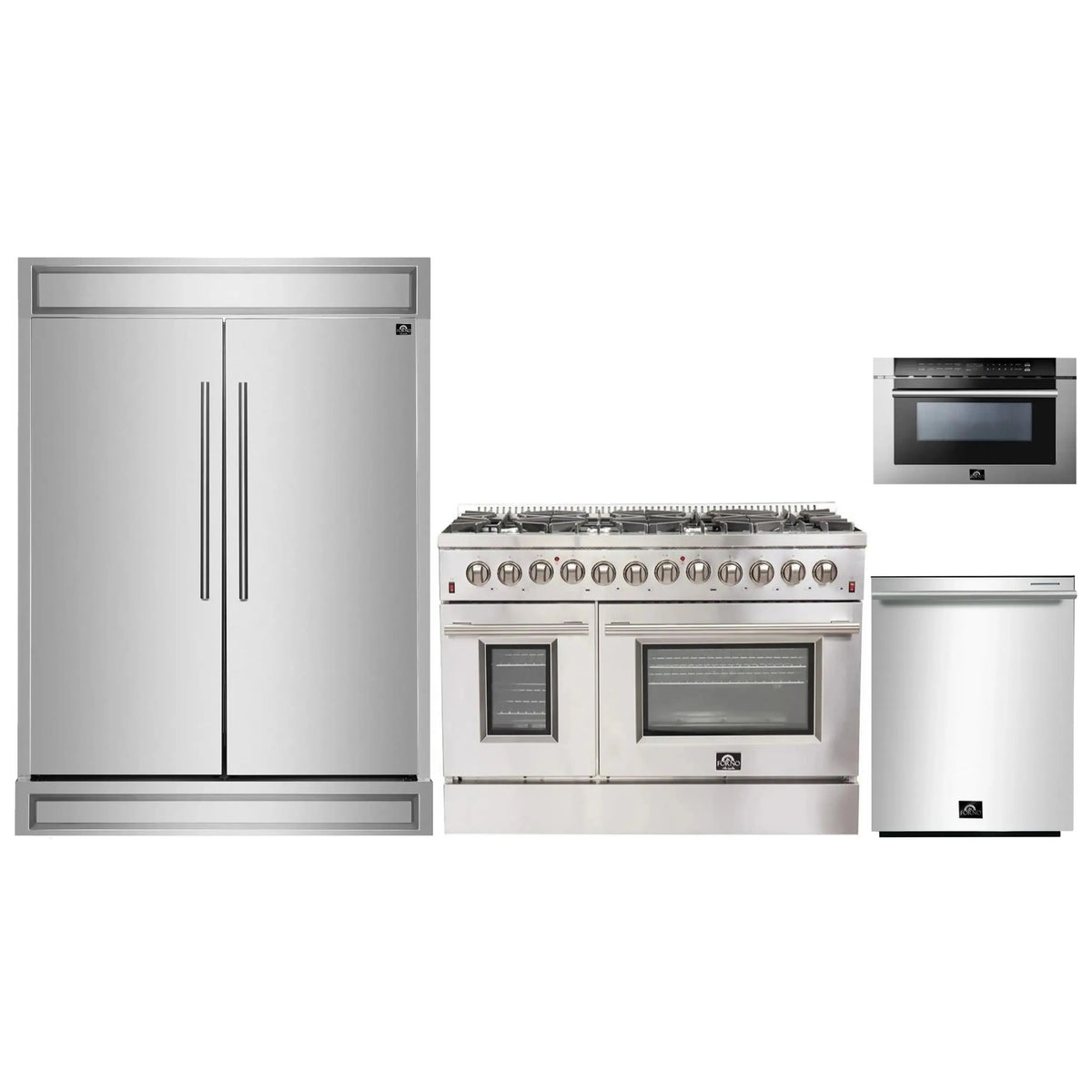 Forno 4-Piece Appliance Package - 48-Inch Dual Fuel Range, 60-Inch Refrigerator, Dishwasher, and 24-Inch Microwave Drawer in Stainless Steel