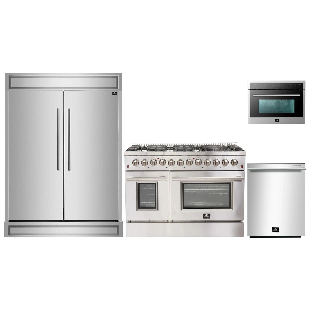Forno 4-Piece Appliance Package: 48-Inch Dual Fuel Range, 24-Inch Microwave Oven, 60-Inch Refrigerator, 3-Rack Dishwasher, Stainless Steel