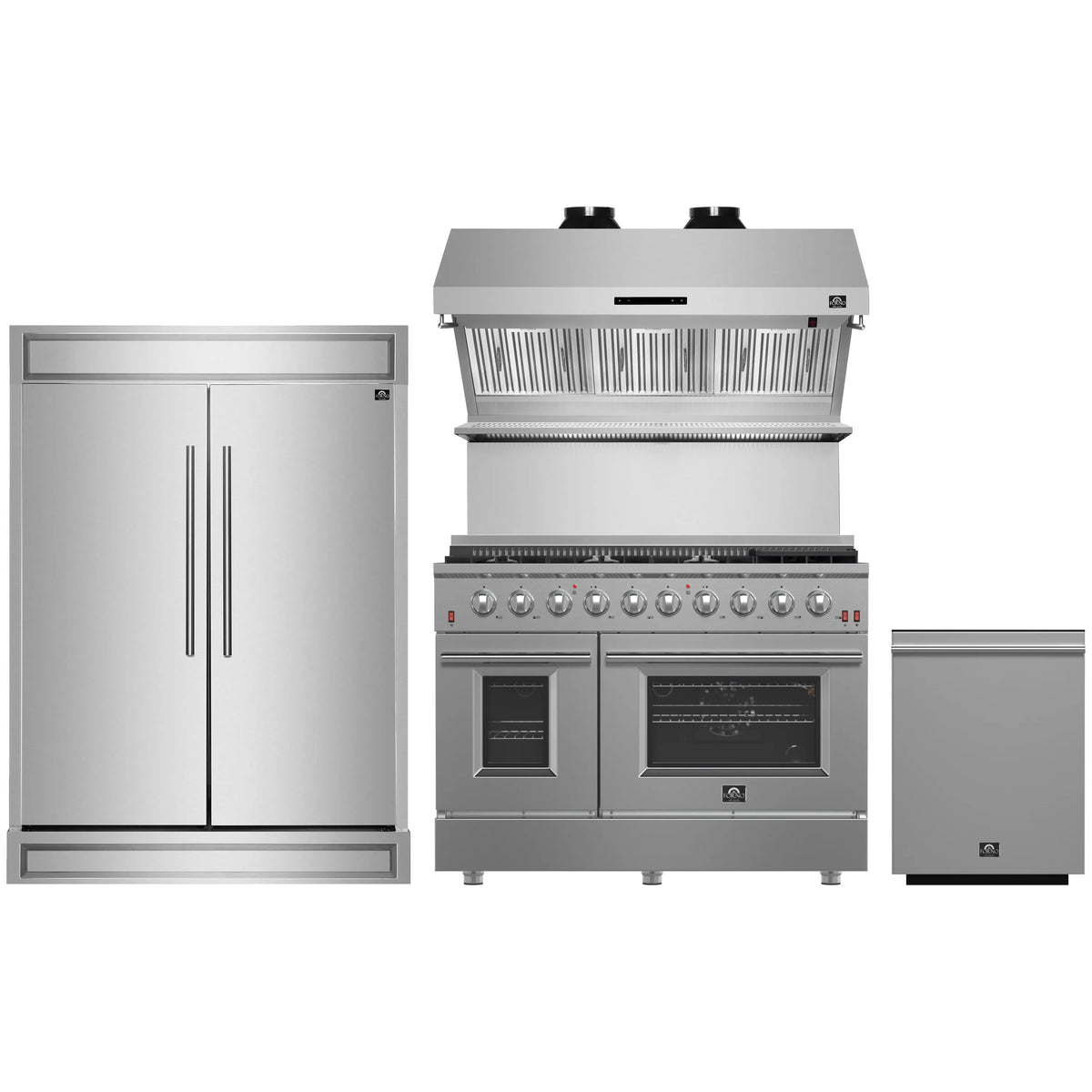 Forno 4-Piece Appliance Package - 48-Inch Gas Range, 60-Inch Refrigerator, Wall Mount Hood with Backsplash, & 3-Rack Dishwasher in Stainless Steel