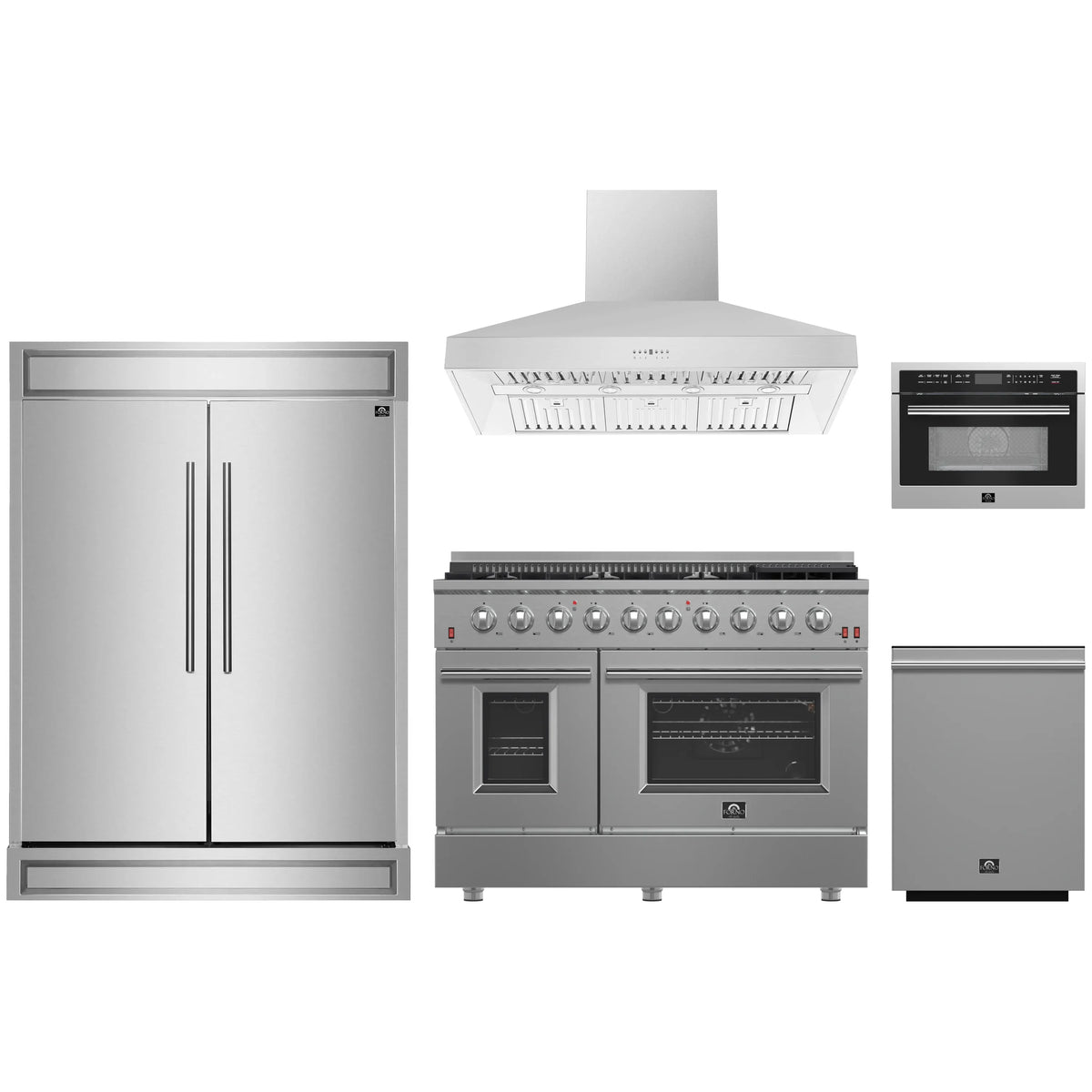 Forno 5-Piece Appliance Package - 48-Inch Gas Range, Refrigerator, Wall Mount Hood, 24-Inch Microwave Oven, & 3-Rack Dishwasher in Stainless Steel